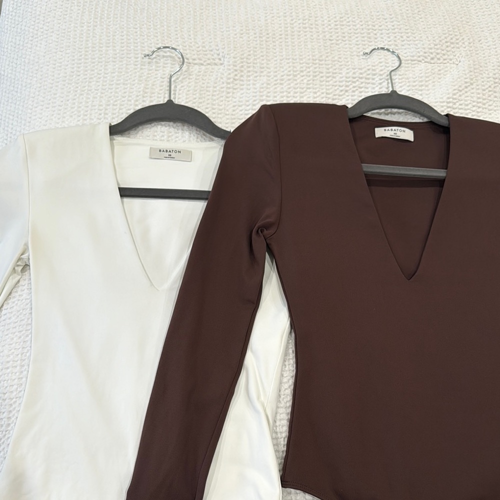 Babaton/Aritzia White and Brown V-Neck Bodysuits